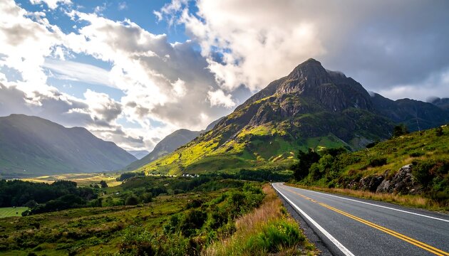 A winding asphalt road traverses a verdant valley flanked by soaring, rugged mountains and an overcast sky