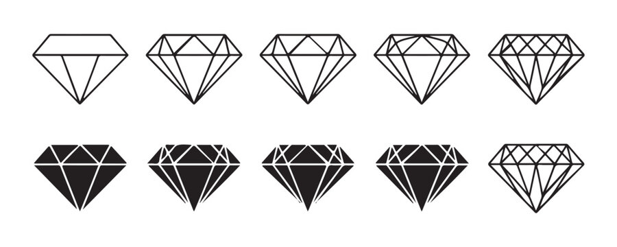 Diamond outline solid icons faceted precious gem crystal jewelry symbol set graphic design vector illustration.