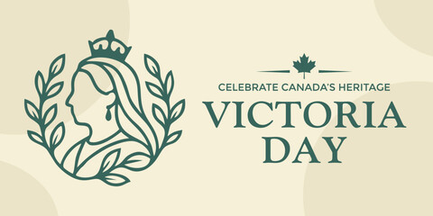 Victoria Day banner with crown and decorative leaves, perfect for holiday promotions and greeting cards. Vector Illustration. © barokzidane