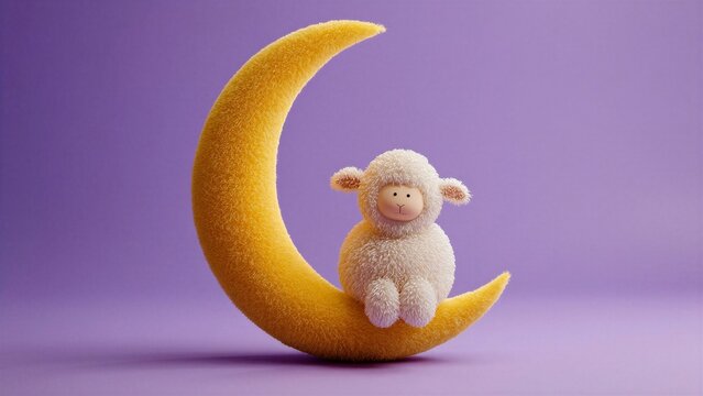 Cute fluffy sheep toy sitting on a yellow crescent moon. Religious Kurban Bayram celebration concept. Minimalist greeting card design with soft 3D textured character on violet background.