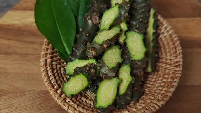 Tinospora cordifolia herb on basket