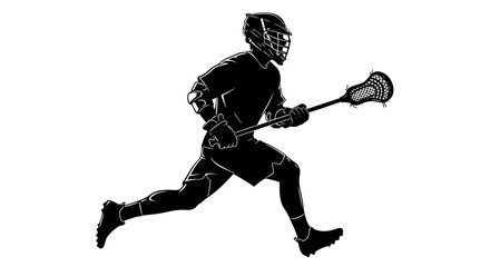 Fototapeta premium Dynamic black and white silhouette of a lacrosse player running with a stick. Ideal for sports logos, team branding, and graphic design projects.