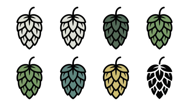 A diverse collection of eight distinct hop cones is presented in various colors and styles.