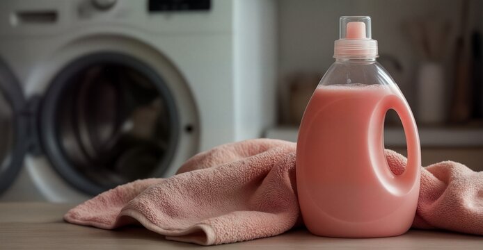 Pink liquid laundry detergent bottle and towel near washing machine.