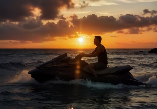 Man riding a jet ski through ocean waves at sunset