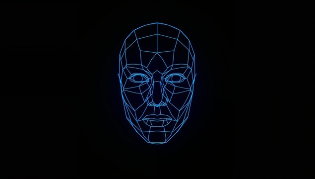 Digital Wireframe Model of a Human Face on Dark Background