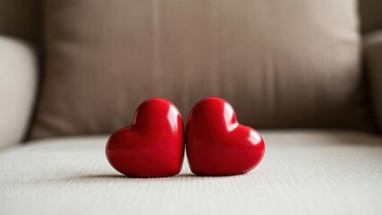 Fototapeta premium Pair of red heart shapes sitting on beige sofa seat