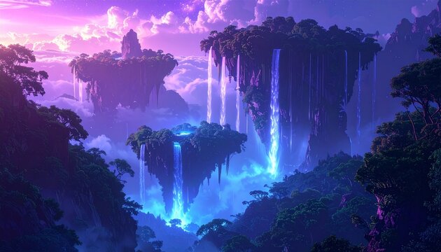 生物発光の森に浮かぶ幻想的な島と空へ逆流する滝の超現実世界