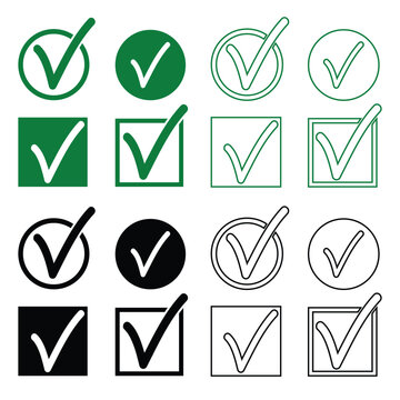 Check Mark Icon Vector Set, Tick and Checkbox Symbols in Circle and Square Shapes, Green and Black Outline and Solid Style for Checklist, Approval, Verification, UI UX, Web, App and Infographic Design