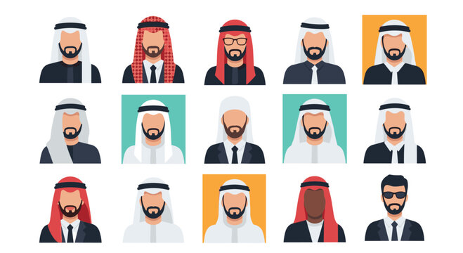 Large collection of diverse male avatars wearing traditional Arab clothing like thobes and various styles of ghutras and agals.