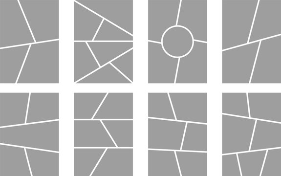 Comic frame template. Manga book layout with panels on pages. Mosaic collages for Japanese storyboard with rectangle border. Vector abstract anime blank