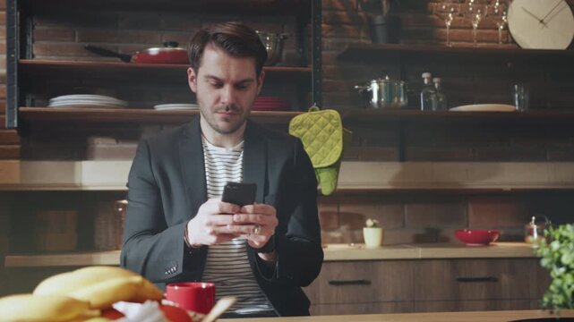Casual morning scene with phone and food, Freelancer at breakfast engaging with social media and news