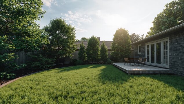 Serene Backyard Oasis with Lush Grass and Sunlit Decking Area