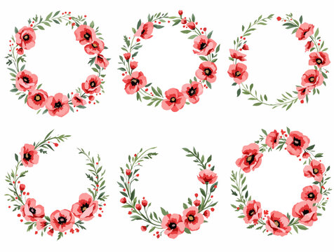 Artistic watercolor poppy blossoms collection with delicate stems and leaves