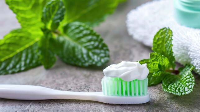 Fresh Mint Toothbrush with Creamy Toothpaste and Green Mint Leaves on a Stone Surface