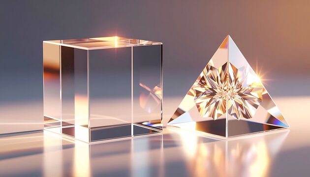 a transparent cube and a shiny triangular prism. They reflect light, creating bright highlights. The background is blurred and warm.