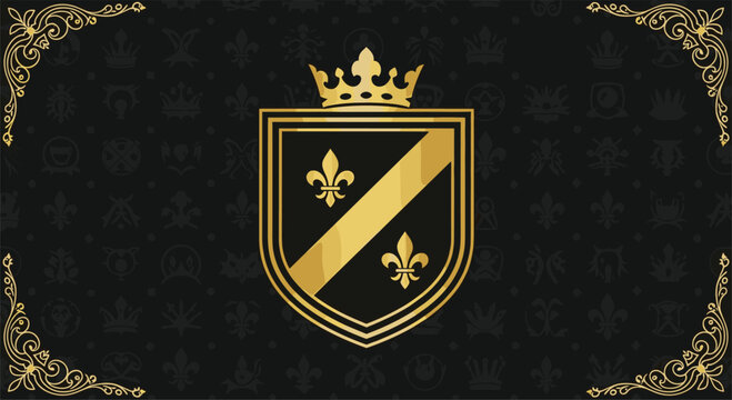 Royal golden coat of arms shield with fleur de lis symbols and a crown set against a dark textured background with ornate corners.