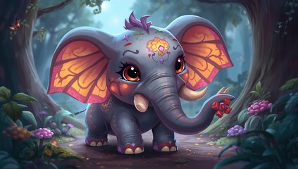 Obraz premium Fantasy baby elephant illustration with glowing patterns, lush forest background, and soft cinematic lighting creating magical storytelling scene