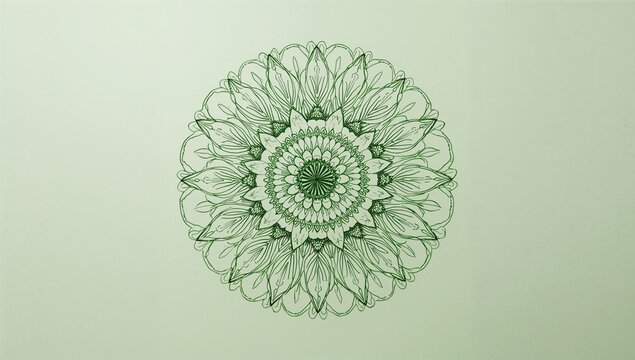 Intricate Green Mandala Design with Floral Patterns on Light Background