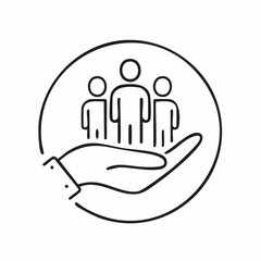 Obraz premium Line art illustration of a hand supporting a group of three people, symbolizing community and care.