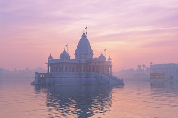 Obraz premium Illuminated temple across water in dense fog with soft reflections, quiet spiritual environment, night setting, serene and mystical landscape composition