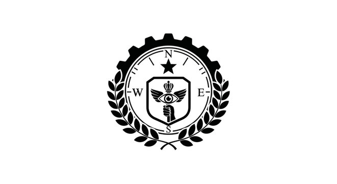 Mysterious Emblem: Eye, Crown, Gear, Laurel Wreath, and Compass Points