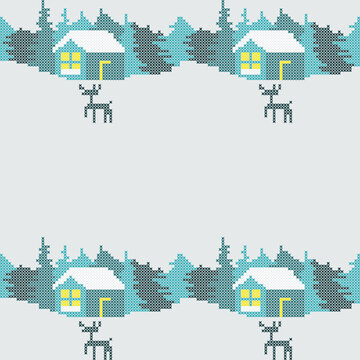 Cross-stitch seamless pattern of winter forest landscape with cozy houses and reindeer on light blue background. Minimalist Nordic embroidery style for Christmas and holiday textiles.