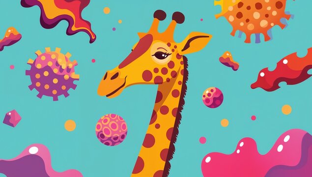 Bright imaginative giraffe in outer space with floating shapes stars and planets quirky cartoon style illustration for kids posters creative projects and fun backgrounds