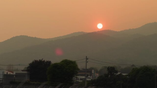 Hazy Sunset Over Chiang Mai Mountains - Smoky Orange Sky Cityscape Silhouette Thailand Dusk Landscape
