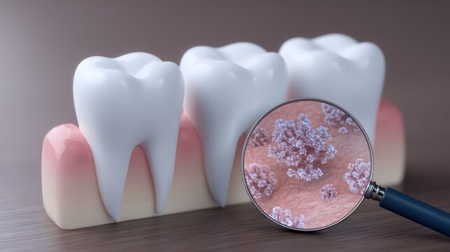 Detailed close-up of healthy teeth model with bacteria magnified for dental education and hygiene awareness