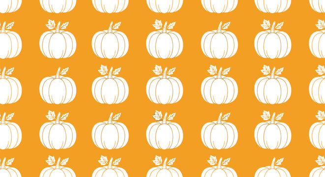 Seasonal seamless pattern with white pumpkin outlines on a bright orange background for fall harvest and holiday decorations.