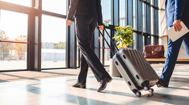 Professional person in formal wear walking and pulling a suitcase through a bright, modern airport or office.