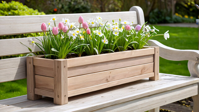 Fr&uuml;hlingsblumen im Holzkasten auf einer Gartenbank