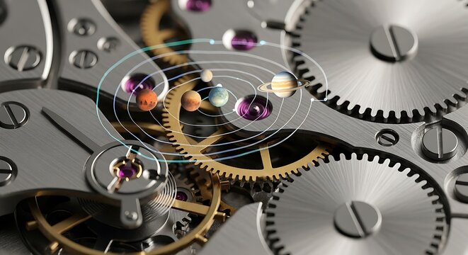 Macro View of a Sophisticated Watch Movement Intertwined with a Cosmic Solar System Representation, Symbolizing Precision and Universal Time