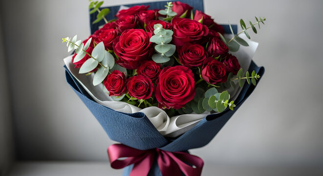 Romantic and timeless bouquet of velvety red roses and airy white baby's breath (gypsophila), wrapped in brown craft paper, set against a bright, textured white wall with soft shadows.