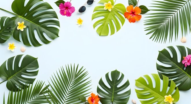 Tropical leaves and flowers border frame.