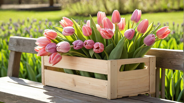 Rosa Tulpen in rustikaler Kiste im Fr&uuml;hlingsgarten