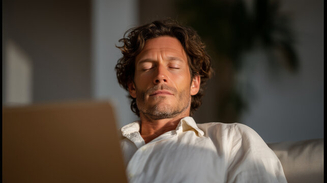 Virtual meeting fatigue, man lying flat on home office floor with laptop balanced on chest, ceiling stare, digital exhaustion humor, remote worker survival, meeting burnout, work from home reality, 