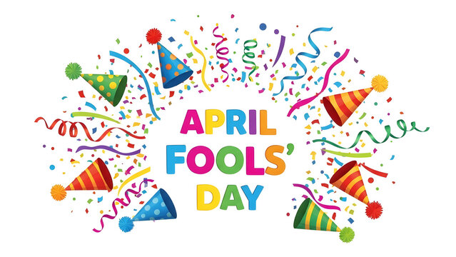 A festive celebration graphic featuring colorful confetti and party hats for april fools day event