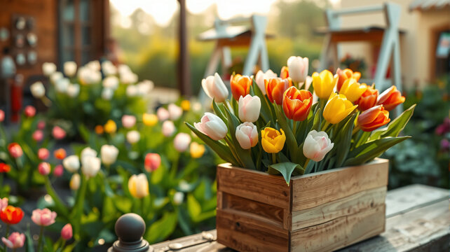 Farbenfrohe Tulpen in rustikaler Holzbox im Garten