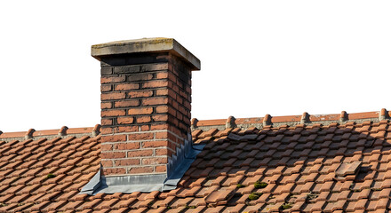 Naklejka premium Close-up view of a brick chimney on a terracotta tiled roof against a white background