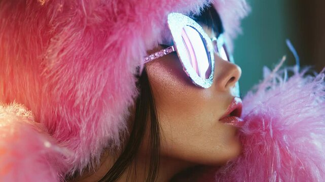 Extreme close-up of a stylish woman's face wearing rhinestone sunglasses and a pink feather boa