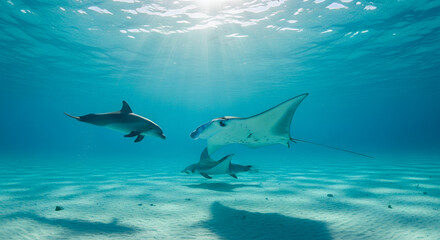 Fototapeta premium Dolphin swimming gracefully in clear blue ocean water with sun rays 