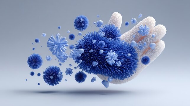 Blue Virus germs or Bacteria and hand,promoting health and hygiene,protect,Educational for illustrate microbes and hygiene concept.