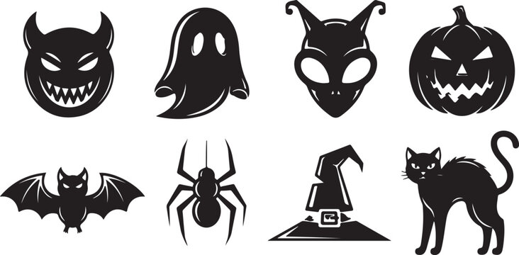 Halloween icons, black silhouettes, spooky symbols, 8 creepy characters isolated on Transparent Background