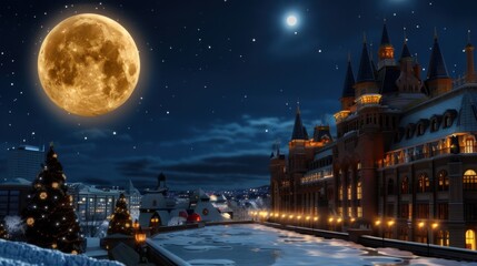 Obraz premium Enchanting Winter Night with Full Moon Over Snowy Landscape and Elegant Castle Architecture