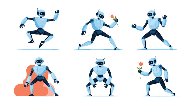 Collection of six blue robot illustrations displaying dynamic movement poses including dancing running and holding a flower for futuristic tech projects.