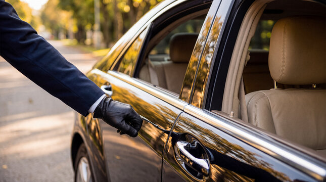 Professional chauffeur wearing black gloves opening the car door for a passenger, symbolizing luxury transport service.