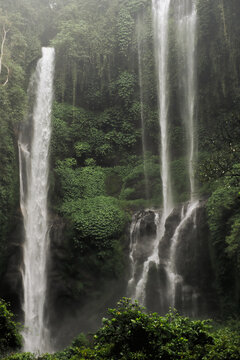 Sekumpul Waterfall Cascading Through Lush Tropical Jungle in Bali