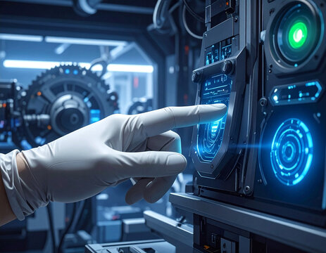 Technological Interaction: A close-up view of a gloved hand interacting with advanced technology, representing progress and innovation in a futuristic setting. 